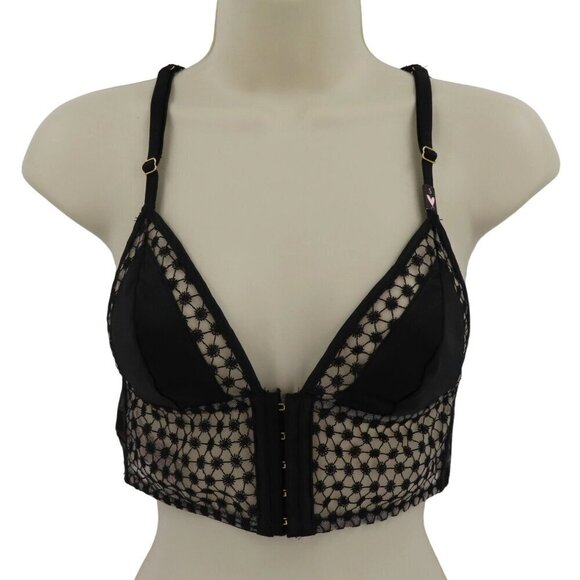 Victorias Secret Small Bralette Black Embroidered Mesh Boning Front Close NEW - Picture 1 of 15